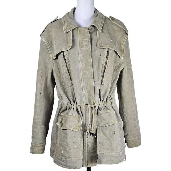 Free People Paint Splatter Military Jacket M Khaki Utility Safari Canvas Grunge - Picture 1 of 14